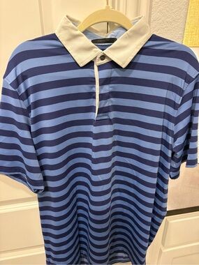 Greyson Navy & Light Blue Striped Polo with White Collar